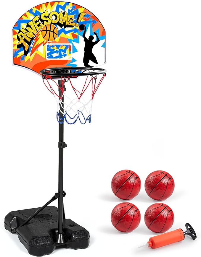 JOYIN Kids Basketball Hoop, Adjustable Height 2.8 ft-6.2 ft Toddler Basketball Hoop for Kids Indoor Outdoor Play Portable Basket Ball for Boys Girls Age 3 4 5 6 7 8 Gift