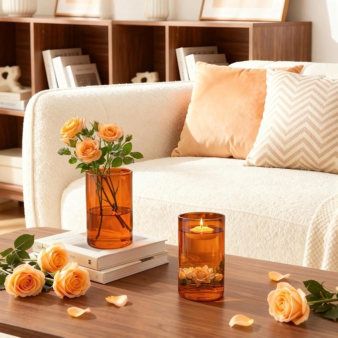 12pcs 6 Inch Amber Glass Cylinder Vases for Centerpieces | Flower Vases for Wedding, Home & Party Decor, Hurricane Floating Candle Holders for Table & Shelf