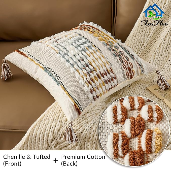 Set of 2 Chenille Striped Tufted Textured Boho Throw Pillow Covers Aesthetic with Tassels Woven Decorative Pillow Case for Couch Bed Sofa Bedroom Modern Funky 18 x 18-Inch Brown White