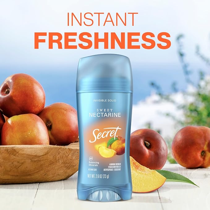 Secret Fresh Antiperspirant Deodorant for Women,72hr Breathable Sweat & Odor Protection,Instant Freshness & Gentle,PH Balancing Minerals,Invisible Solid,Sweet Nectarine Scent,2.6 oz,(Pack of 2)