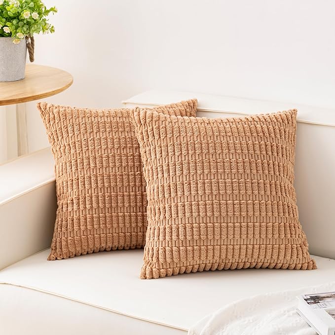 Pack of 2 Corduroy Decorative Throw Pillow Covers 18x18 Inch, Apricot | Fall Soft Striped Pillow Covers Modern Farmhouse Home Decor Christmas Throw Pillow Covers for Sofa Living Room Couch Bed