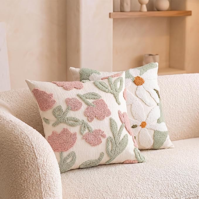 Premium Chenille Embroidered Throw Pillow Covers 20x20 Set of 2, Thick 3D Tufted Pink Floral Decorative Cushion Covers with Hidden Zipper for Couch Sofa Bed Living Room Boho Home Decor