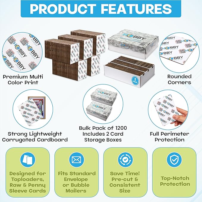 1200 Pack Trading Card Shipping Protector by Hobby Armor, 3.5" x 4.5" with Rounded Corners, Vibrant Multi-Color Card Protectors to Guard Cards From Dings, Bulk Breaker Box, Includes Dual Storage Boxes