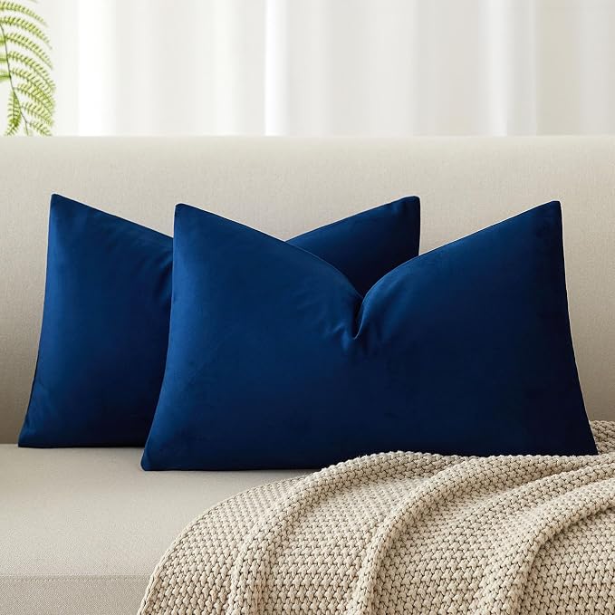 Navy Blue 12x20 Lumbar Throw Pillow Covers Set of 2 for Couch Bed Sofa | Decorative Soft Velvet Cushion Covers with Invisible Zipper for Living Room Bedroom Home Decor