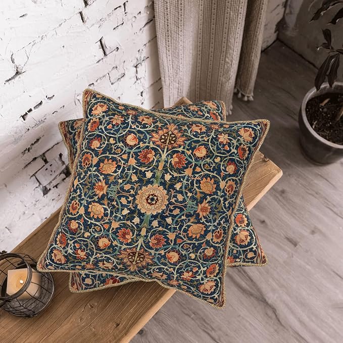 Vintage Floral Soft Velvet Throw Pillow Covers Set of 2 Burnt Orange Navy Flowers Plant Decorative Pillow Covers 18x18 Inch Art Botanical Pillow Case For Sofa Couch Outdoor Farmhouse Home Decor