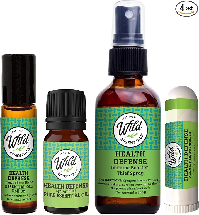 Wild Essentials Health Defense Essential Oil Bundle – Inhaler, Roll-On, Spray & Pure Oil- USA Made