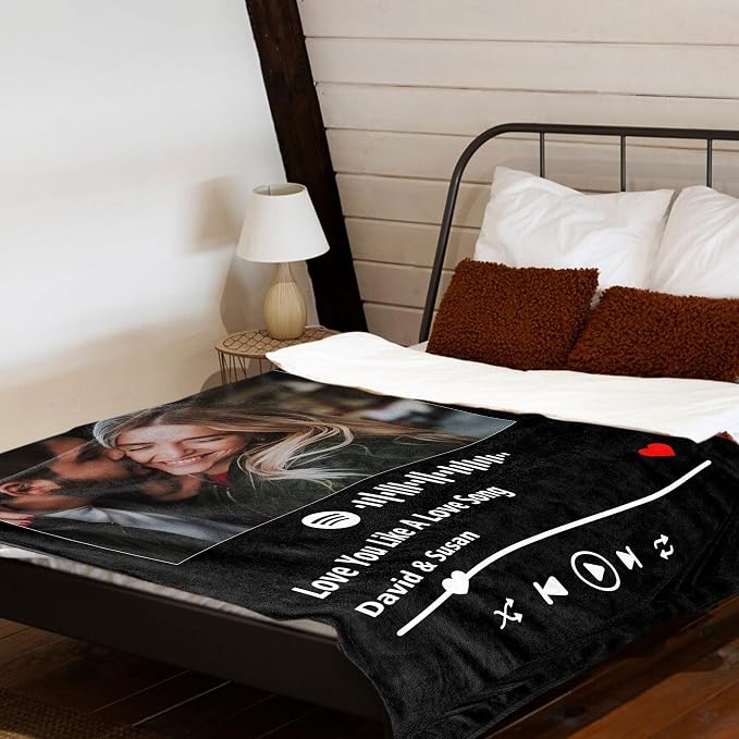 Custom Spotify Code Music Blanket Customize Blankets with Picture Text Customized Thows Photo Blanket Personalized Valentines Mothers Day Birthday Gifts for Mom Dad Girlfriend Boyfriend Wife Husband