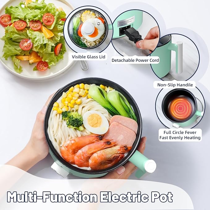Electric Hot Pot 1.5L Nonstick Ramen Cooker for One-Person | Dual Power Setting for Hot Pot, Pasta/Soup/Oatmeal/Egg, Portable for Dorm/Travel, Overheat & Boil-Dry Protection(Green, 1.5L)