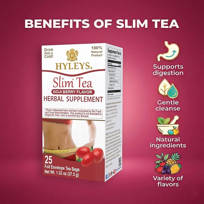 Hyleys Slim Tea Goji Berry Flavor - Weight Loss Herbal Supplement Cleanse and Detox - 25 Tea Bags (6 Pack)