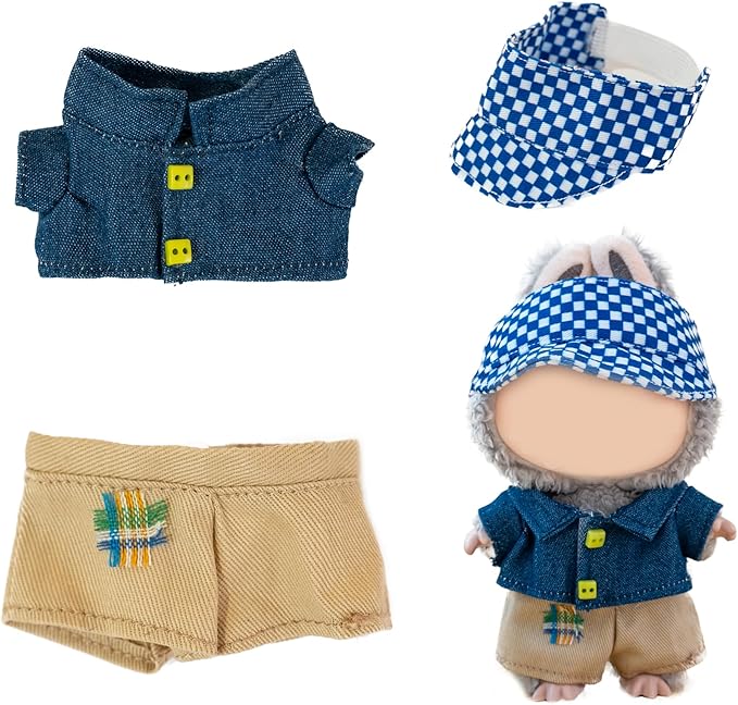 Clothes for Labubu Doll,6.7 Inch Doll Clothing Set - 3 Pieces of Handmade Clothes and Accessories for 17cm Plush Toys - Blue Shirt + Khaki Shorts + Blue and White Checkered Baseball Cap