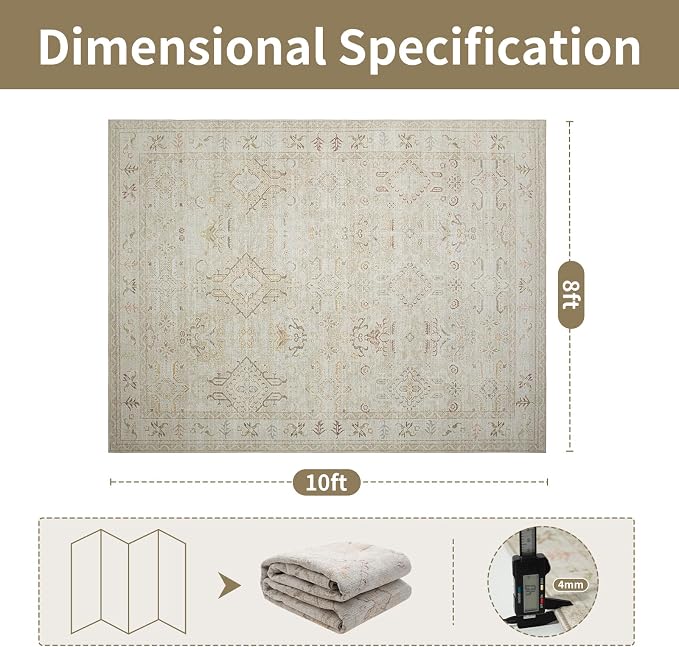Washable Rugs 8x10 Area Rugs for Living Room-Light Brown Rugs for Bedroom,Dining Room, Large Soft Low Pile Vintage Carpet with Non Slip Rubber Backing,Neutral Accent Rug for Nursery Home Office