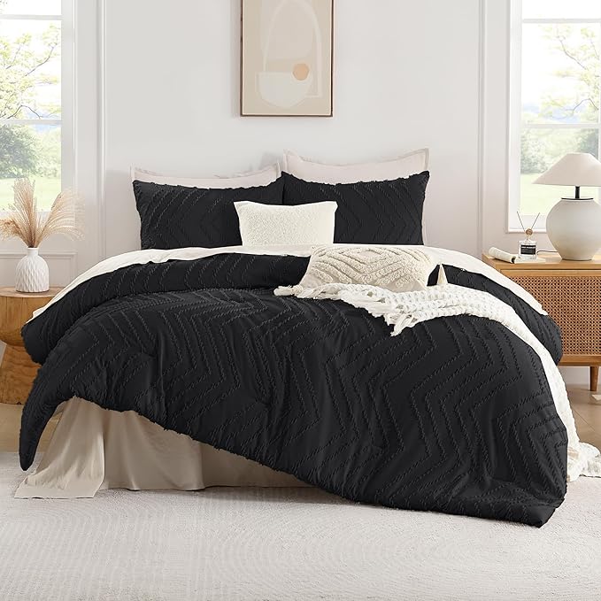 Andency Black California King Comforter Set, Boho Cal King Soft Warm Tufted Neutral Bedding Comforter Sets, 3 Pieces Cali King Aesthetic Chevron Farmhouse Cute Bohemian Textured Bedding Set