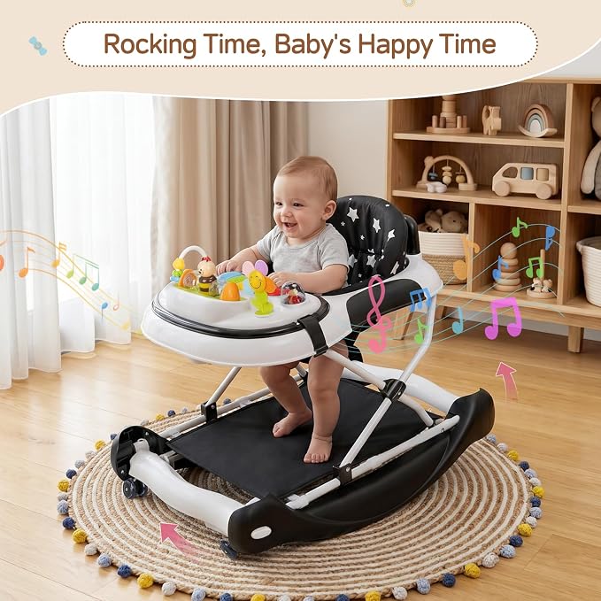 5 in 1 Baby Walker, Music and Lights Foldable Baby Walker with Wheels, 3 Adjustable Heights, with Bouncer Combo, Rocker, Activity Walker for Baby Boy and Girl 6-18 Months (Black)