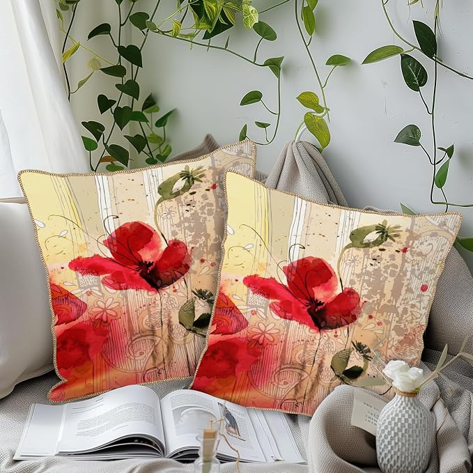 KSLIDS Red Poppy Flower Soft Velvet Throw Pillow Covers Set of 2 Watercolor Art Flower Decorative Pillow Covers 18x18 Inch Retro Beige Pillow Case for Sofa Couch Living Room Farmhouse Home Decor