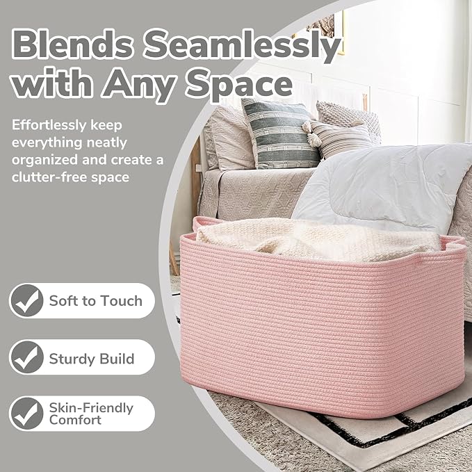 Goodpick Large Woven Rope Blanket Basket, Rectangle, Pink, 75L | 21.6'' x 14.9'' x 11.8'' Storage Basket for Toys & Blankets, Living Room, Bedroom & Nursery Organization, Reinforced Handles
