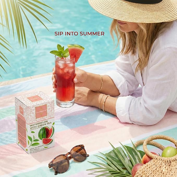 Life Plus Style Gourmet La Granja Watermelon Green Tea Hot or Iced 25 Individually Wrapped Herbal Green Tea Infusion Caffeinated Watermelon Tea Fruity Refreshing Beverage