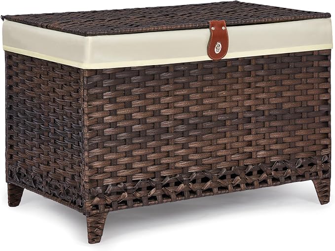 Wicker Storage Basket with Lid, 200L Storage Bin with Removable Liner Bag | Rattan-Inspired Shelf Basket Design, Storage Trunk with Heightened Feet, Wardrobe Storage Container & Home Organizer
