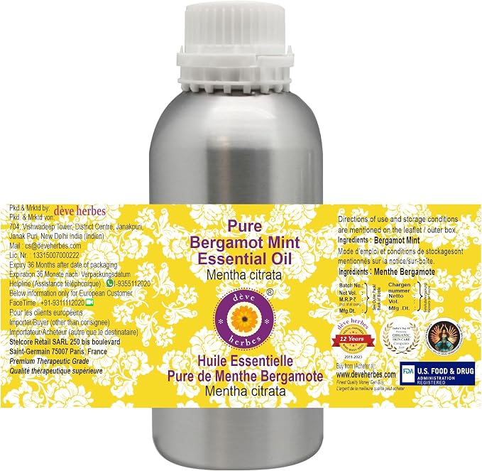 Deve Herbes Pure Bergamot Mint Essential Oil (Mentha citrata) Steam Distilled 630ml (21 oz)