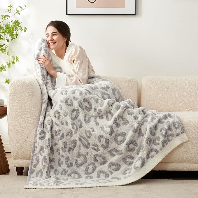 Snuggle Sac Leopard Throw Blanket for Couch Bed Sofa 50x60 inches, Reversible Grey Leopard Blanket Ultra Soft Cozy Blankets for Women Mothers Birthday Gifts