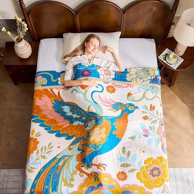 XIBLC Boho Throw Blanket, Lightweight Blankets for Summer, 100% Cotton Bohemian Decorative Throw Blanket, 90"x98" Reversible Muslin Breathable Woven Farmhouse Blankets Quilt,