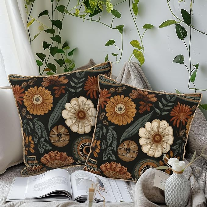 Vintage Boho Flower Velvet Pillow Covers 18x18 Inch Brown Green Retro Floral Throw Pillows for Couch Cushion Covers Pillowcase Bohemian Farmhouse Pillow Cases for Sofa Bed Living Room