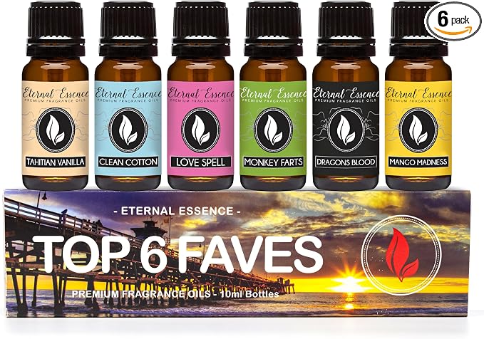 Top 6 Faves - Set of 6 Premium Fragrance Oils - Love Spell, Tahitian Vanilla, Clean Cotton, Mango, Dragon's Blood and Monkey Farts - 10ML