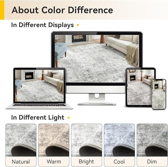 RELEANY Washable Round 4ft Area Rug for Living Room Gray White | carpet for bedroom, kitchen, office, hallway and entryway, printed pattern, non-slip, soft, stain-resistant, easy to clean