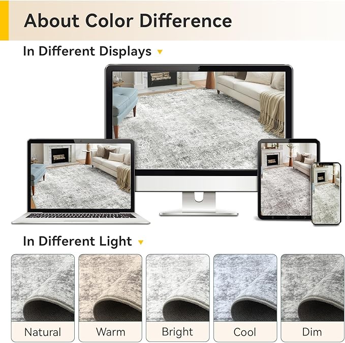 RELEANY Washable Area Rugs Square 8ft Non-Slip Modern Abstract Soft for Living Room Entryway Bedroom Kitchen, Print Pattern, Gray White Grey