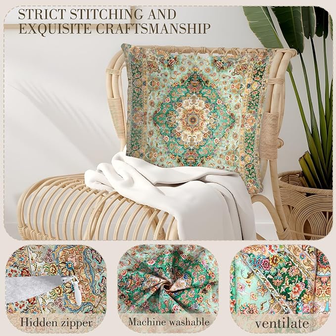Boho Floral Throw Pillow Covers 16x16 inch Set of 2,Green Boho Rug Geometric Floral Pattern Decor Double Sided Pattern Cushion Cover Soft Pillow Case Living Sofa Room Bed Square Pillow Cover