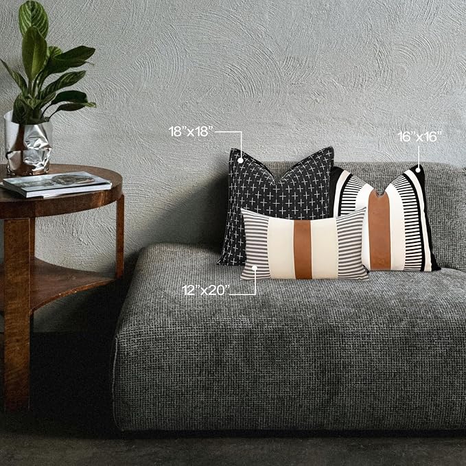 Set of 2 Striped Boho Throw Pillow Covers 16x16 inch, Modern Leather Pillow Cover for Couch Sofa Bed, Farmhouse Decor Patchwork Accent Pillowcase, Black
