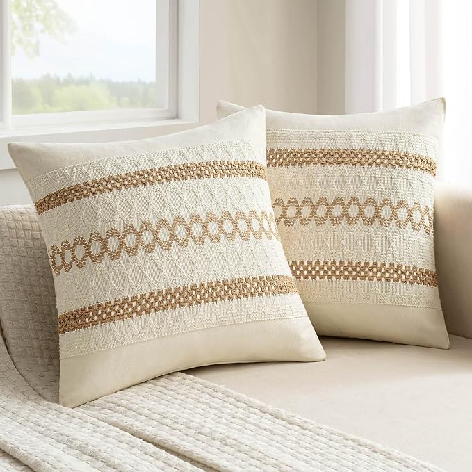 MIULEE Set of 2 Neutral Boho Decorative Pillow Covers 18x18 Inch | Farmhouse Couch Throw Pillows, Modern Spring Cotton Cushion Covers, Macrame Woven Home Decor for Bed Sofa Chair
