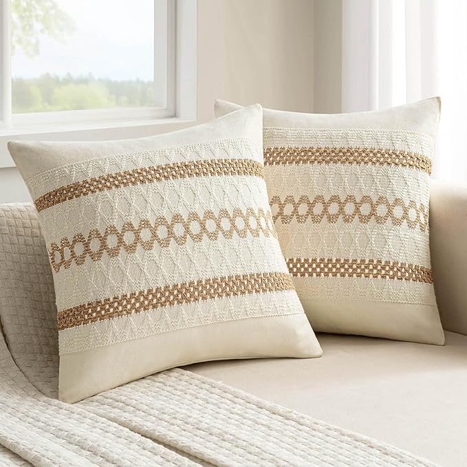 MIULEE Set of 2 Neutral Boho Decorative Pillow Covers 20x20 Inch | Farmhouse Couch Throw Pillows, Modern Spring Cotton Cushion Covers, Macrame Woven Home Decor for Bed Sofa Chair
