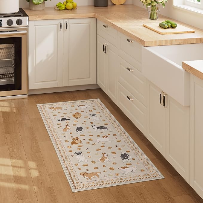 DUKINO 2x4 Rug Runner, Washable Dog Bathroom Rug Soft Non Slip Beige Yellow | Low Pile, Non-Shedding, Stain Resistant, Indoor Animal Carpet Runner for Kitchen Entryway Hallway Laundry Farmhouse Bedroom