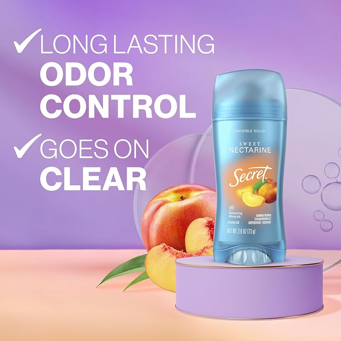 Secret Fresh Antiperspirant Deodorant for Women,72hr Breathable Sweat & Odor Protection,Instant Freshness & Gentle,PH Balancing Minerals,Invisible Solid,Sweet Nectarine Scent,2.6 oz,(Pack of 2)