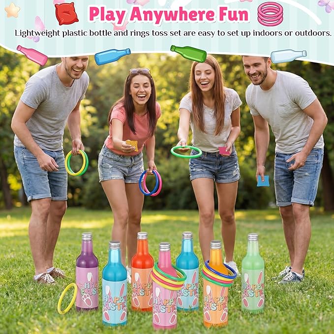 Leitee 56 Pcs Easter Ring Game Toss Happy Easter Day Plastic Bottle Labels Bean Bag Backyard with Mixed Color Rings Hoops for Adults Family Outside Sport Party