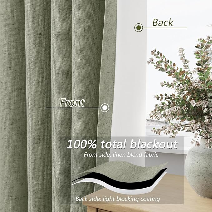 Guken 100% Blackout Linen Curtains 98 Inch Wide by 52 Inch 2 Panels Set for Living Room Bedroom Back Tab Thermal Insulated Black Out Linen Drapes Room Darkening Window Curtains, Sage Green