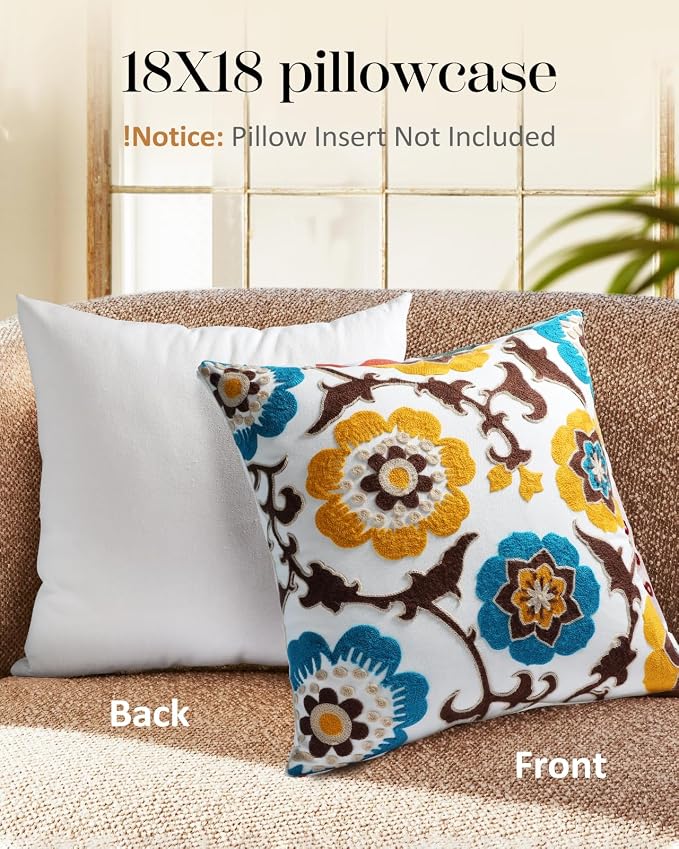 Embroidered Throw Pillow Cover - 18x18 Decorative Pillow Cover with Zipper Aesthetic Cute Design Boho Spring Summer Cozy Throw Pillowcase for Living Room Couch Sofa Bed, Floral