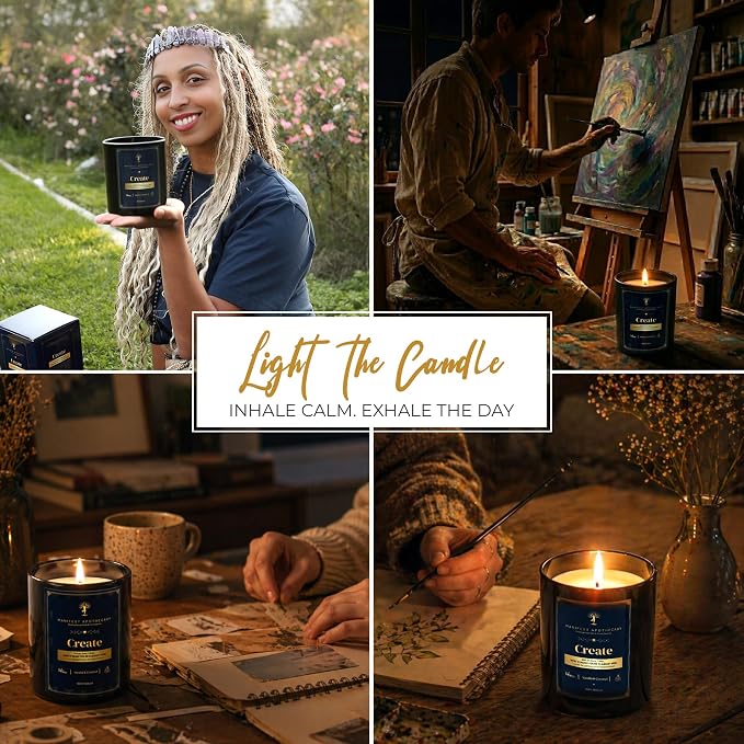 Aromatherapy Scented Candle for Creativity & Inspiration – Hand-Poured Soy Candle Infused with Vanilla, Coconut, Cinnamon & Rose Quartz Crystals – 50 Hrs Burn Time & 10.5 Oz – Ideal Birthday Gift