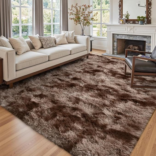 7x10 Ft Extra Large Shag Brown Area Rug for Living Room, Tie-Dyed Ultra Soft Fluffy Furry Rugs for Bedroom Indoor Floor, Aesthetic Carpet for Kids Home Decor (Coffee)