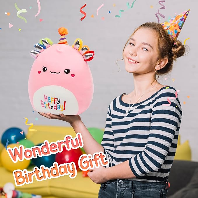 12” Birthday Axolotl Toy Soft Happy Birthday Plush Pillow Cute Axolotl Stuffed Animal Birthday Gifts for Kids, Pink