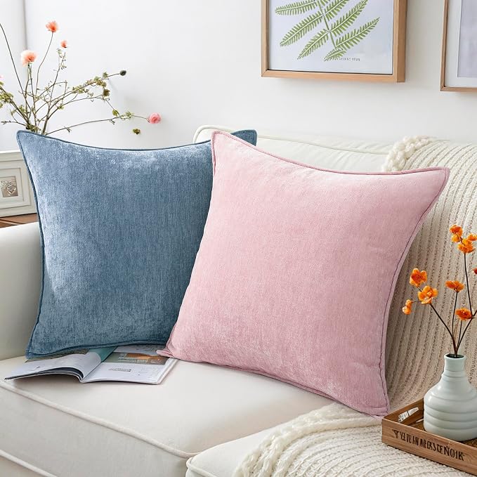 decorUhome Chenille Blue Grey Velvet Throw Pillow Covers 26x26 Set of 2 | Fall Soft Euro Sham Couch Decorative Modern Farmhouse Pillow Cases with Elegant Design for Sofa Bed Living Room Home Decor