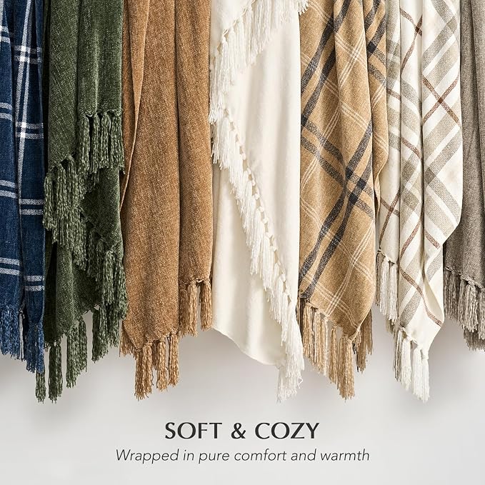 Chenille Knit Throw Blanket for Couch, 50"x60", Warm Beige | Cozy Plush Fuzzy Knittd Throw with Tassels, Lightweight, Decorative, Farmhouse Decor, Ideal for Bed Sofa Gift, All Seasons