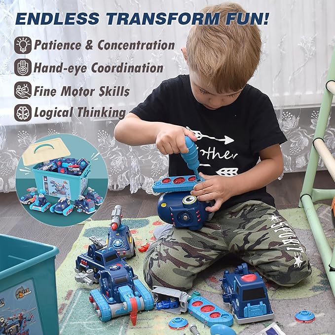Take Apart Vehicle Magnetic Toy, 5-in-1 Tool Building Trucks Transform to Dinosaur Robot STEM Assemble Car with Storage Box, Kids Child Holiday Birthday Present for 3 4 5 6 7 8 Year Old Boys Girls