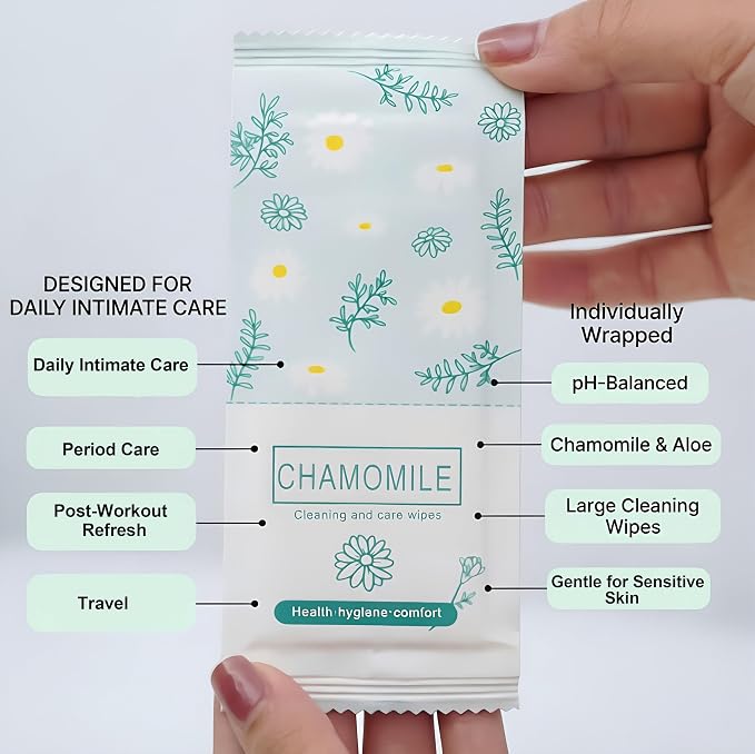 Travel Feminine Hygiene Wipes, Individually Wrapped Wipes, 100 Pack | Chamomile pH-Balanced Feminine Wipes, Individually Wrapped Portable Large Hygiene Wipes for Friends & Homeless Care
