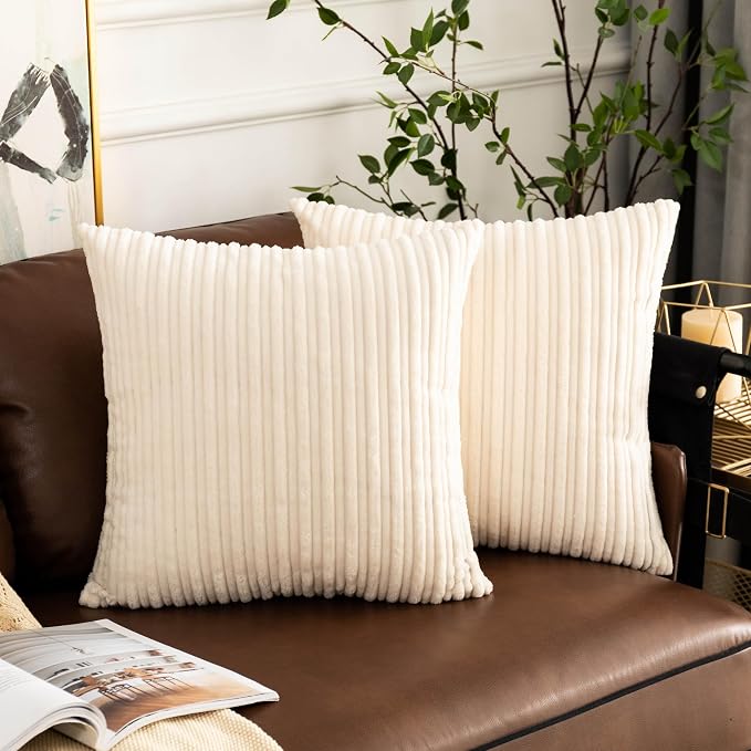 UGS UGASA Striped Corduroy Pillow Covers Velvet Decor Cushion Covers Pillowcases for Sofa/Couch/Bedroom, 2 Packs, 20 x20 Inch(50x50cm), Cream