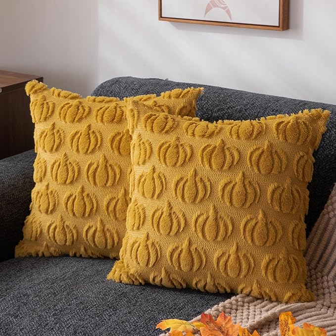 DFXSZ Fall Pillow Covers 18x18 2Pcs Yellow Pumpkin Fall Decoration for Home | Fall decor Set of 2 Throw Pillow Cases Soft Plush Faux Fur Wool Couch Cushion for Chair Sofa Bedroom Living Room Home Decor