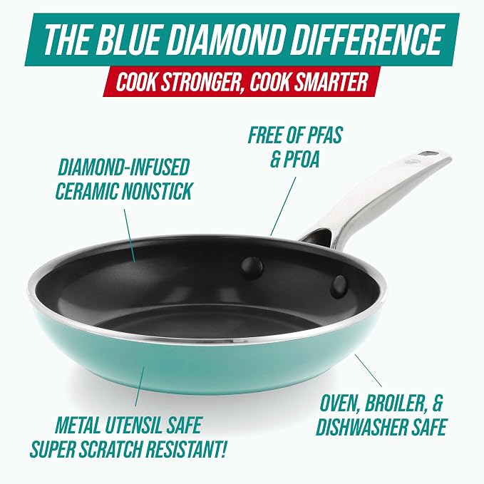 Blue Diamond 8" Diamond Infused Ceramic Nonstick Frying Pan, Turquoise | PFAS-Free Ceramic Nonstick Skillet, Dishwasher & Oven Safe, Stay Cool Handle, Durable Metal Utensil Safe, Egg & Omelet Pan
