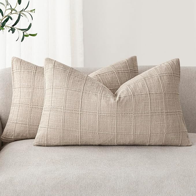 Foindtower Set of 2 Decorative Linen Check Throw Pillow Covers Neutral Farmhouse Lumbar Cushion Covers Modern Boho Home Decor for Sofa Chair Couch Bedroom Living Room,12×20 Inch,Natural Linen