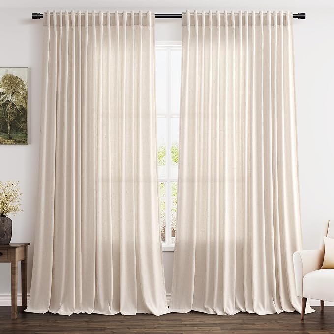 Beige Large Window Curtains Light Filtering Semi Sheer Privacy Linen Textured Curtain for Patio Sliding Glass Door Extra Wide Rustic Farmhouse Drapes for Living Room Bedroom Sunroom 100x90 Inch