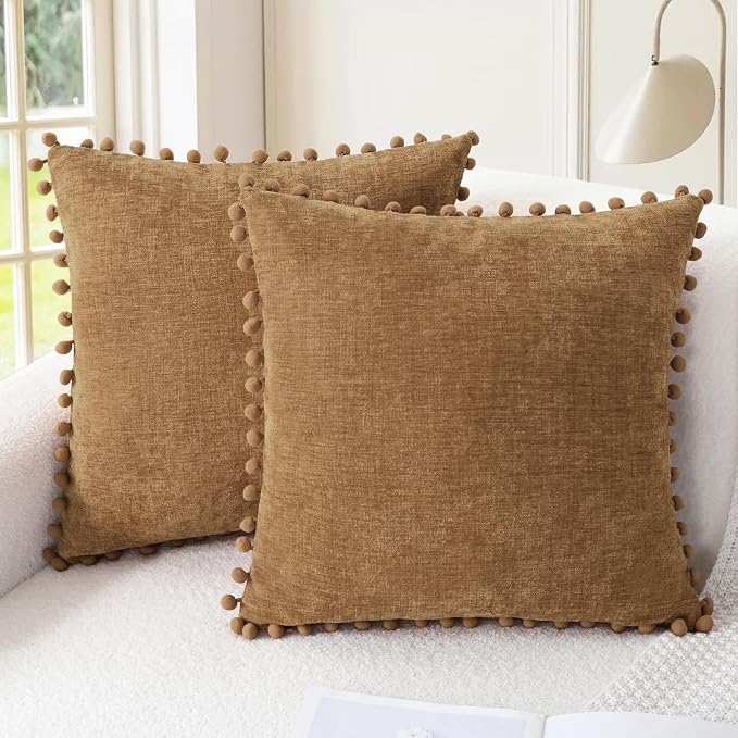 CaliTime Decorative Couch Throw Pillow Covers 16 X 16 Inches Apricot Brown | Pack of 2, Cozy Chenille Cushion Cases, with Pom Poms for Sofa Bed Living Room Farmhouse Home